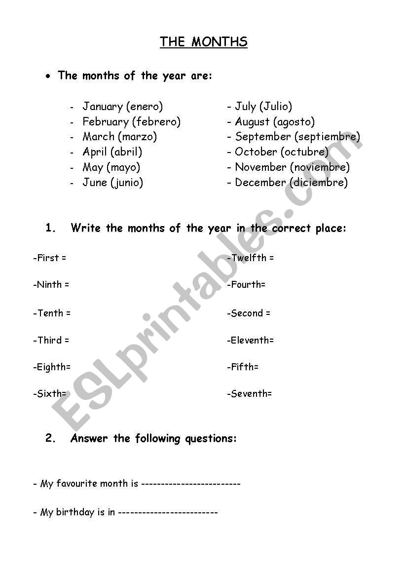 The months worksheet