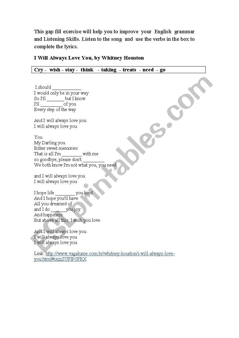 Song Fill in the gaps worksheet