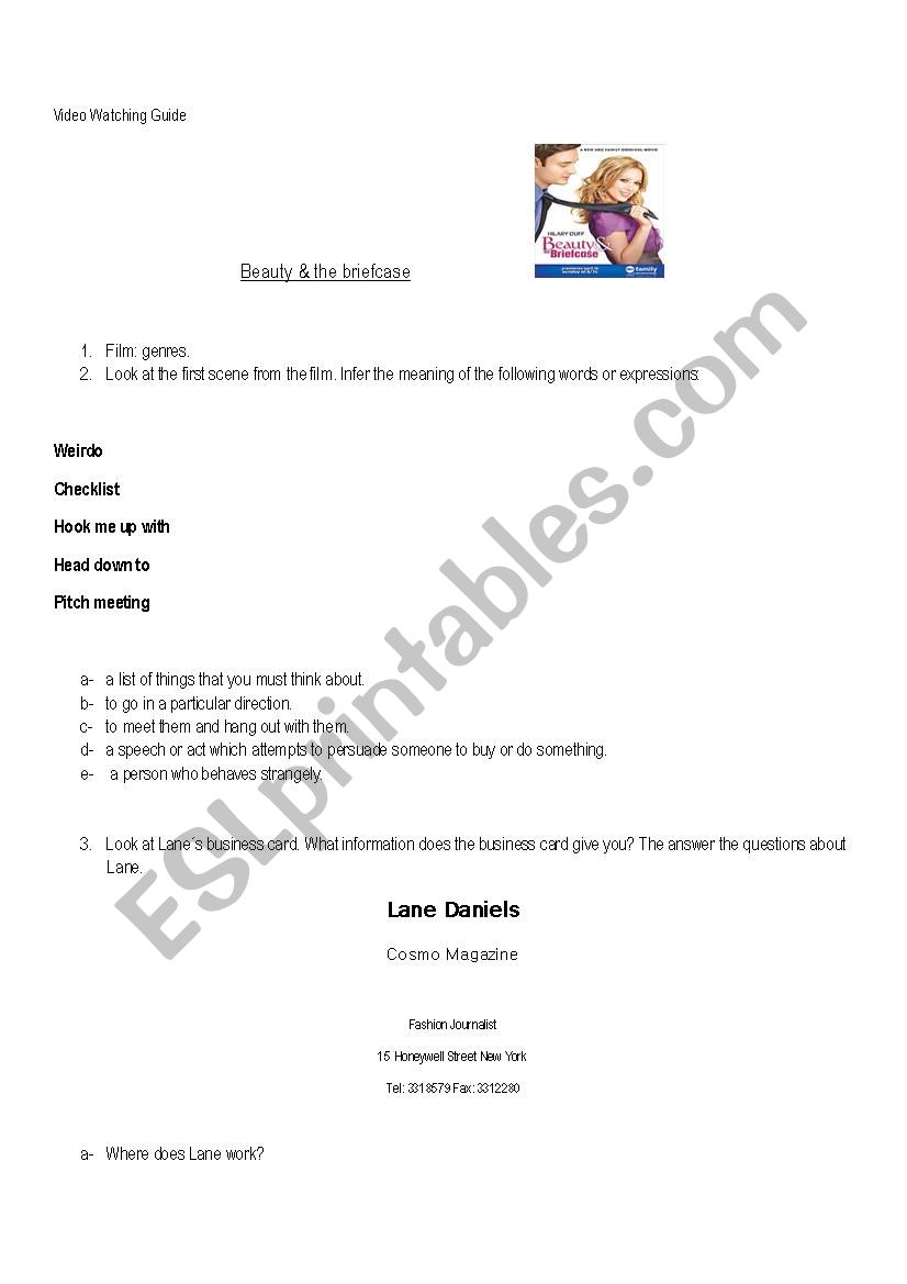 Beauty and the briefcase worksheet