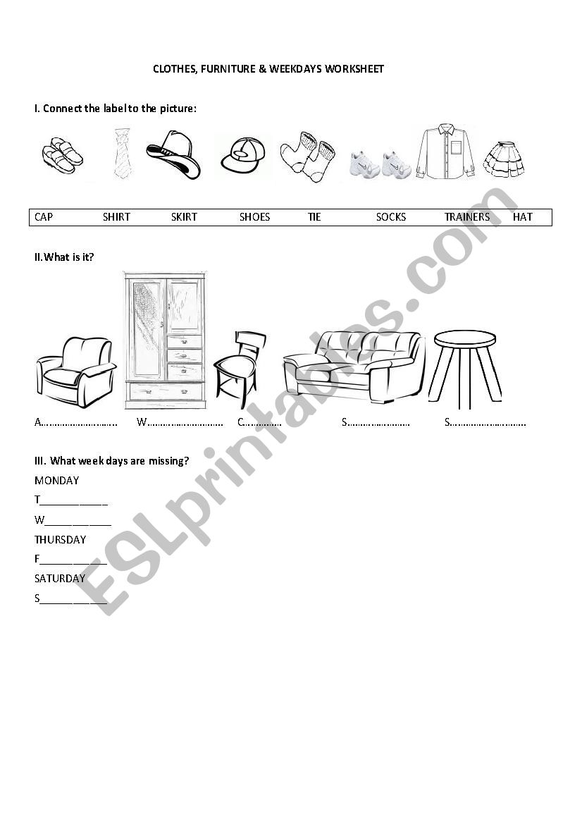 worksheet- Clothes, furniture, days of the week