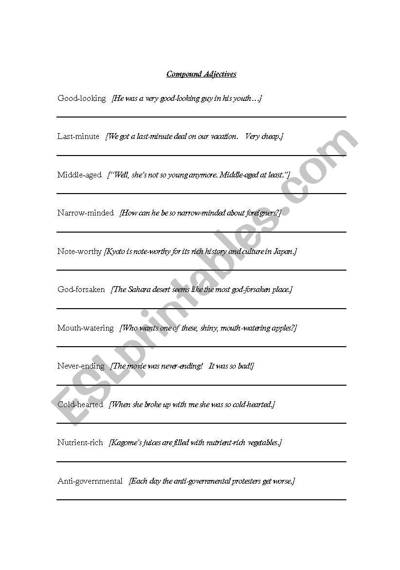 Compund Adjective Worksheet worksheet