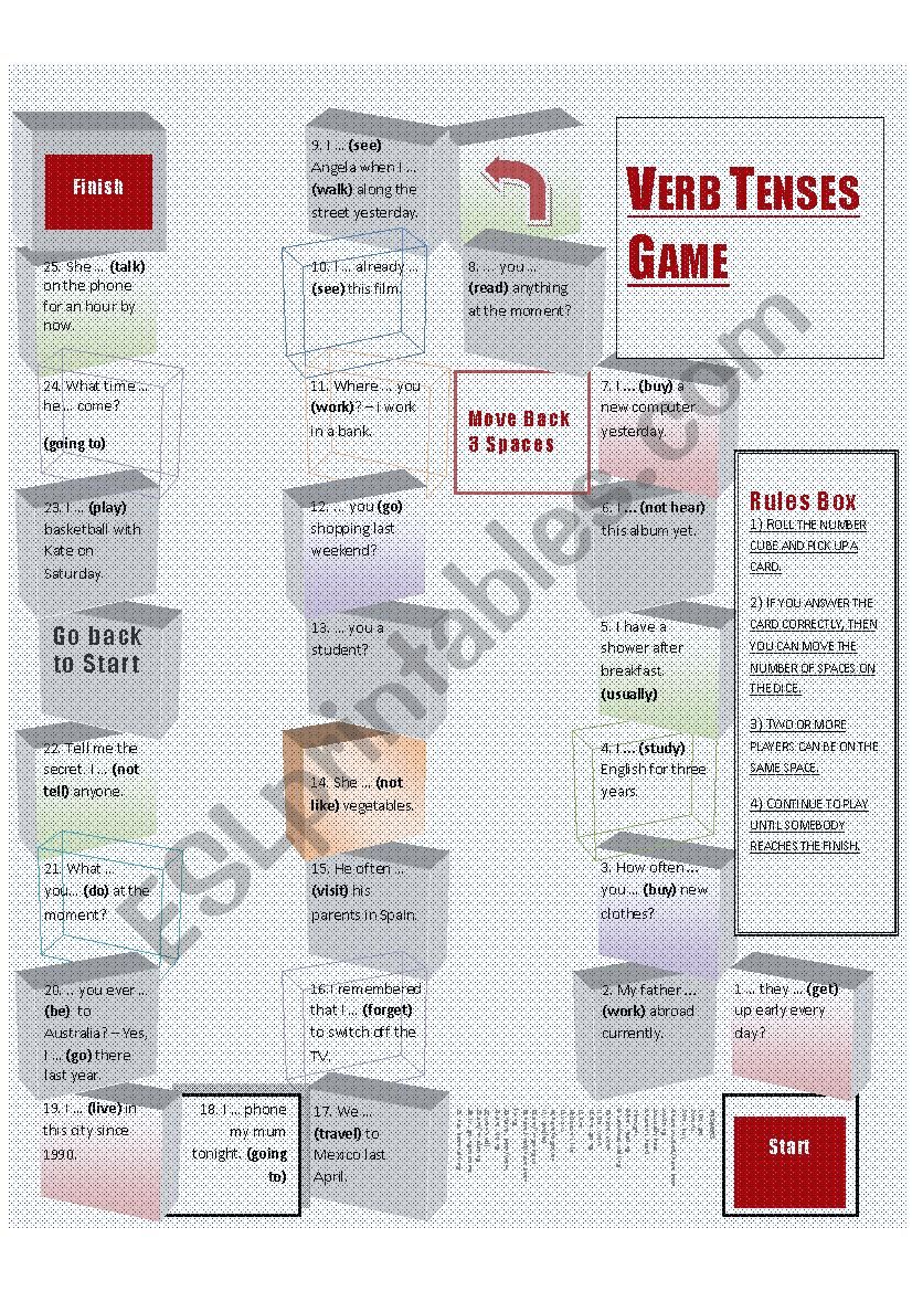 Verb Tenses Boardgame worksheet