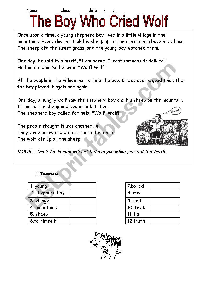 The boy who cried wolf worksheet