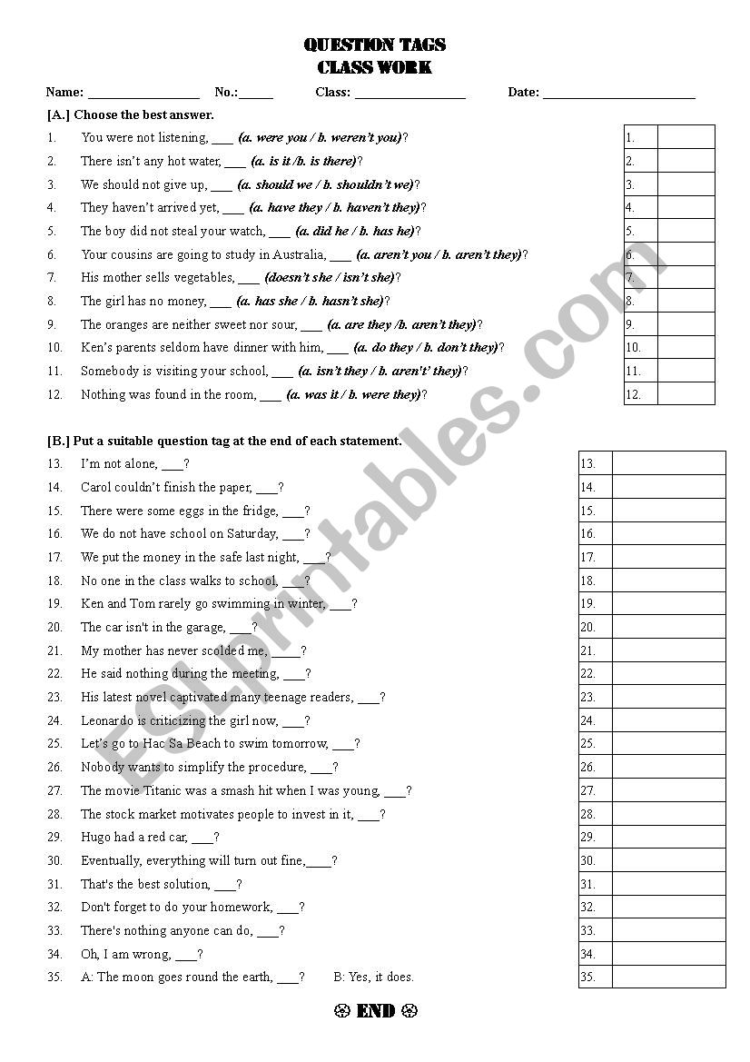 tag questions worksheet