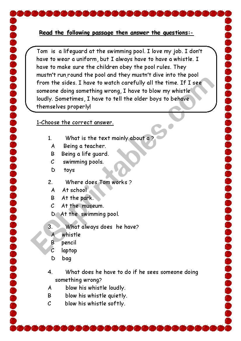 reading passage worksheet