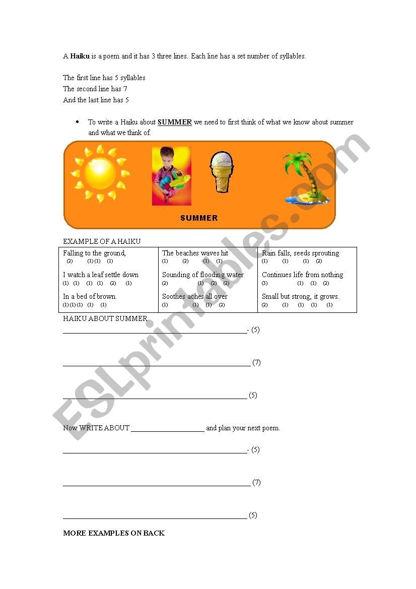 Creating Haikus - ESL worksheet by jckatz