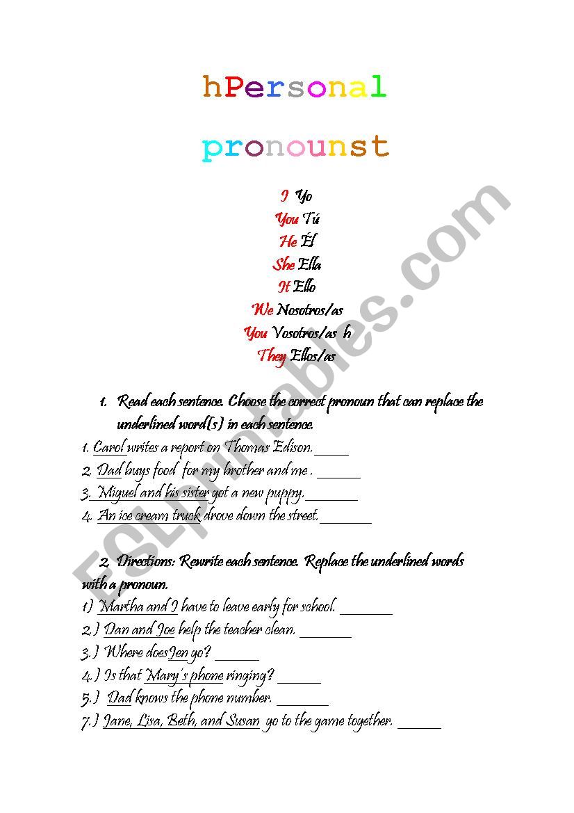 Personal pronouns worksheet