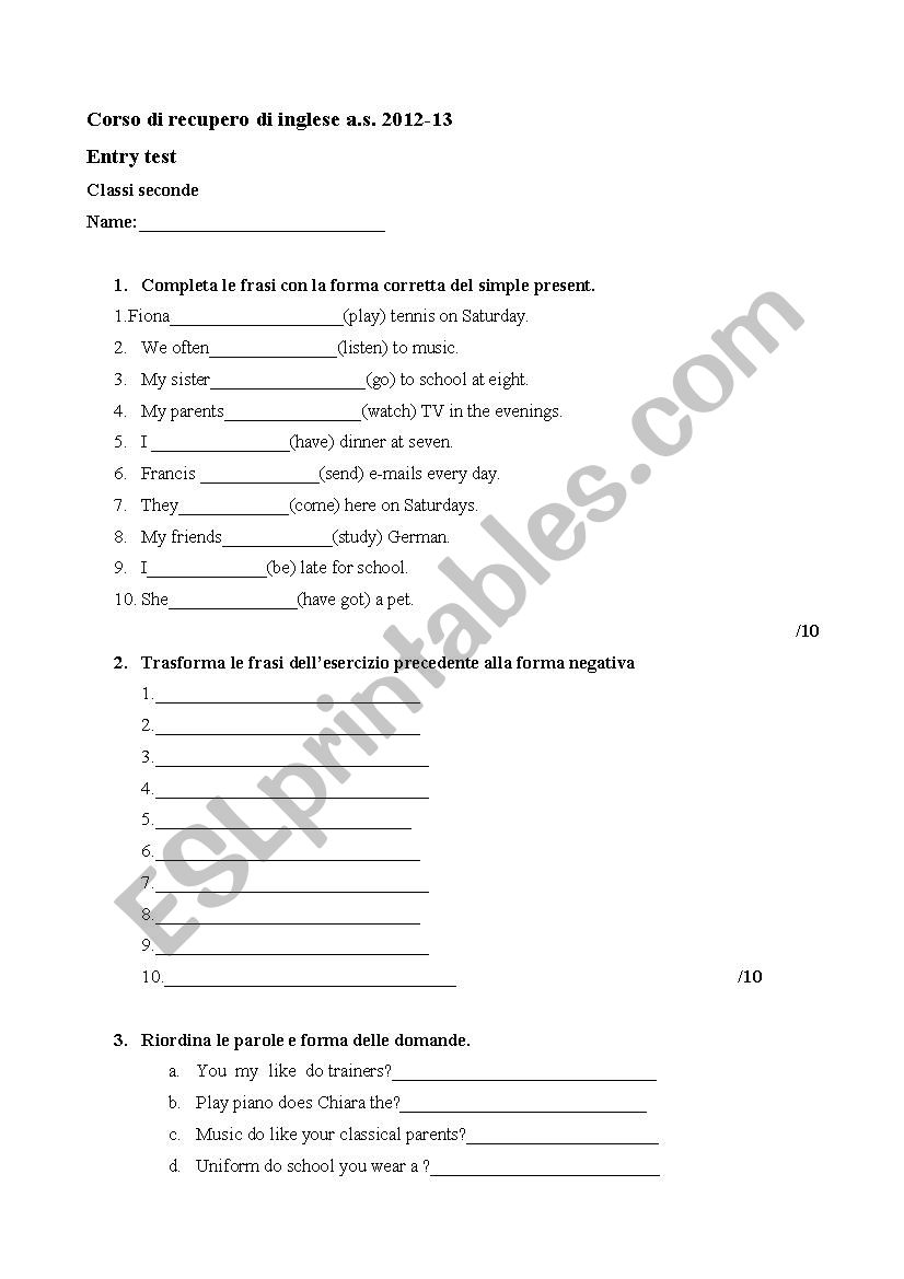 revision entry test worksheet