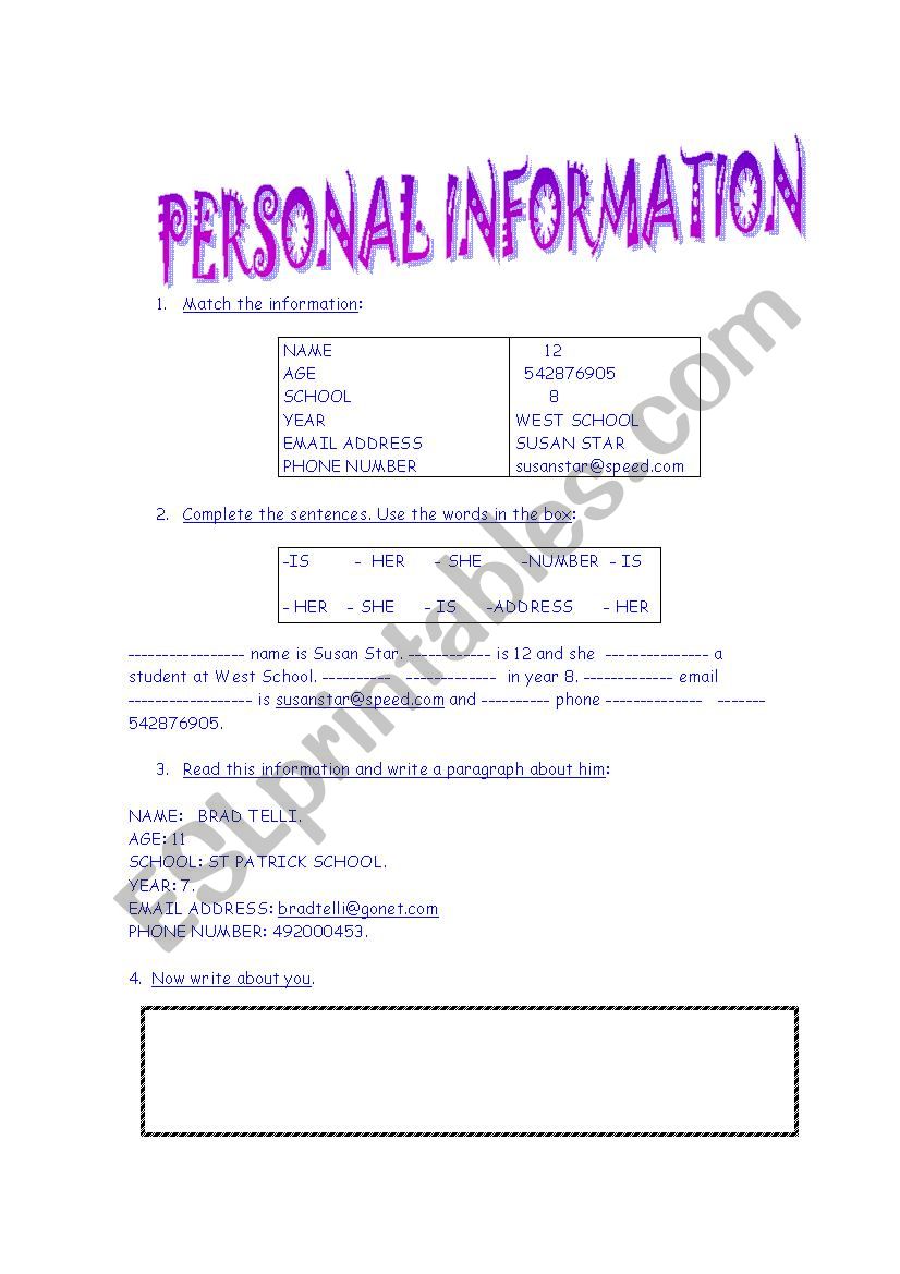PERSONAL INFORMATION worksheet