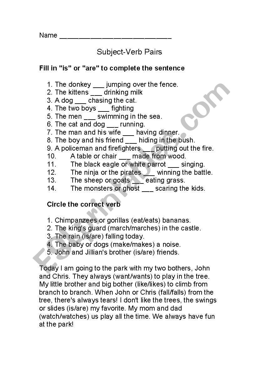 Subject-verb pairs worksheet