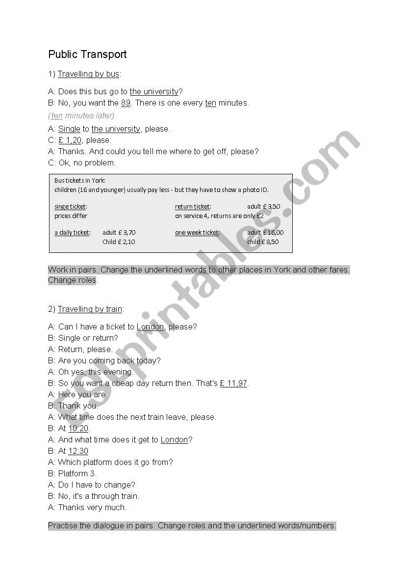 Public Transport worksheet