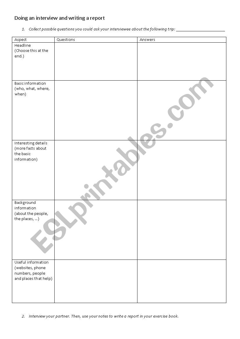 Write a newspaper report worksheet