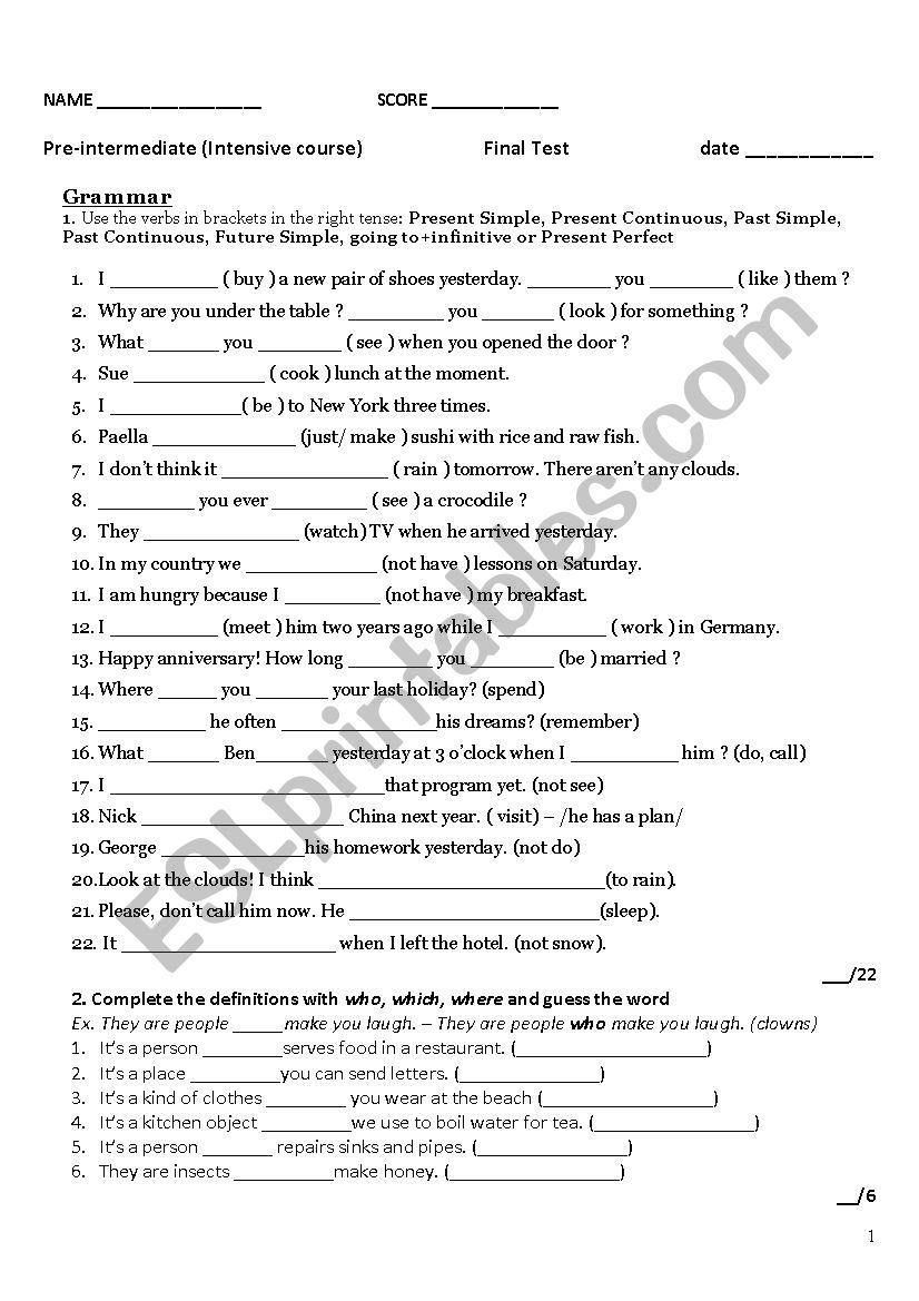 Final Test Pre-Intermediate level (intensive course)