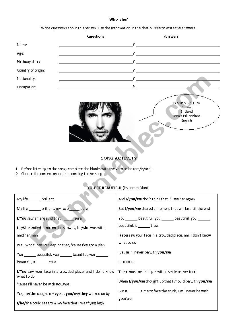 Youre Beatiful Song Activity worksheet