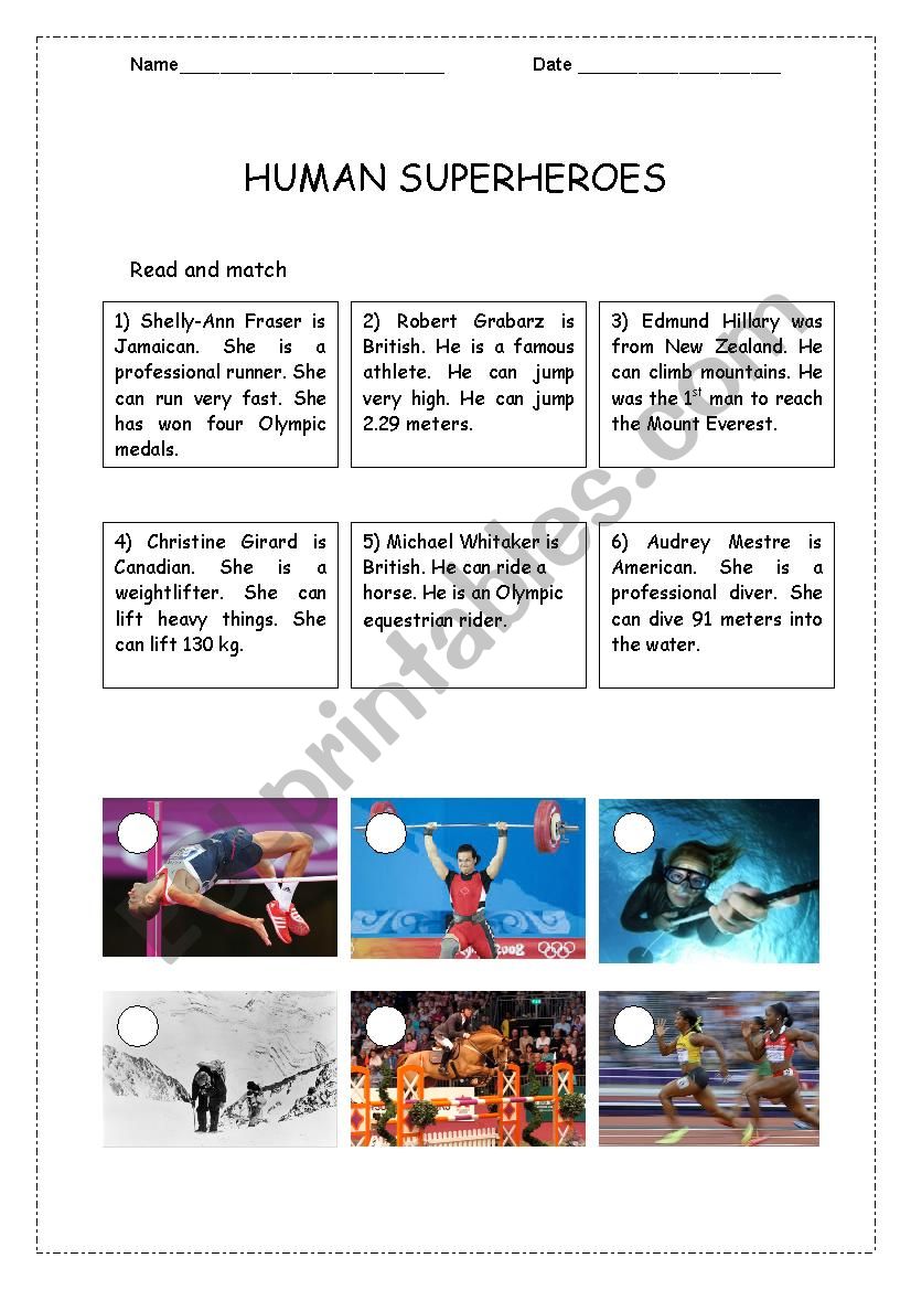 Human superheroes worksheet