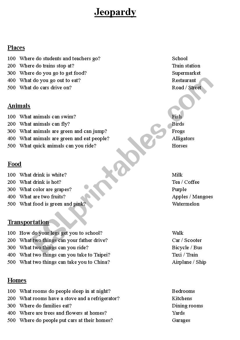 Jeopardy for Beginners worksheet