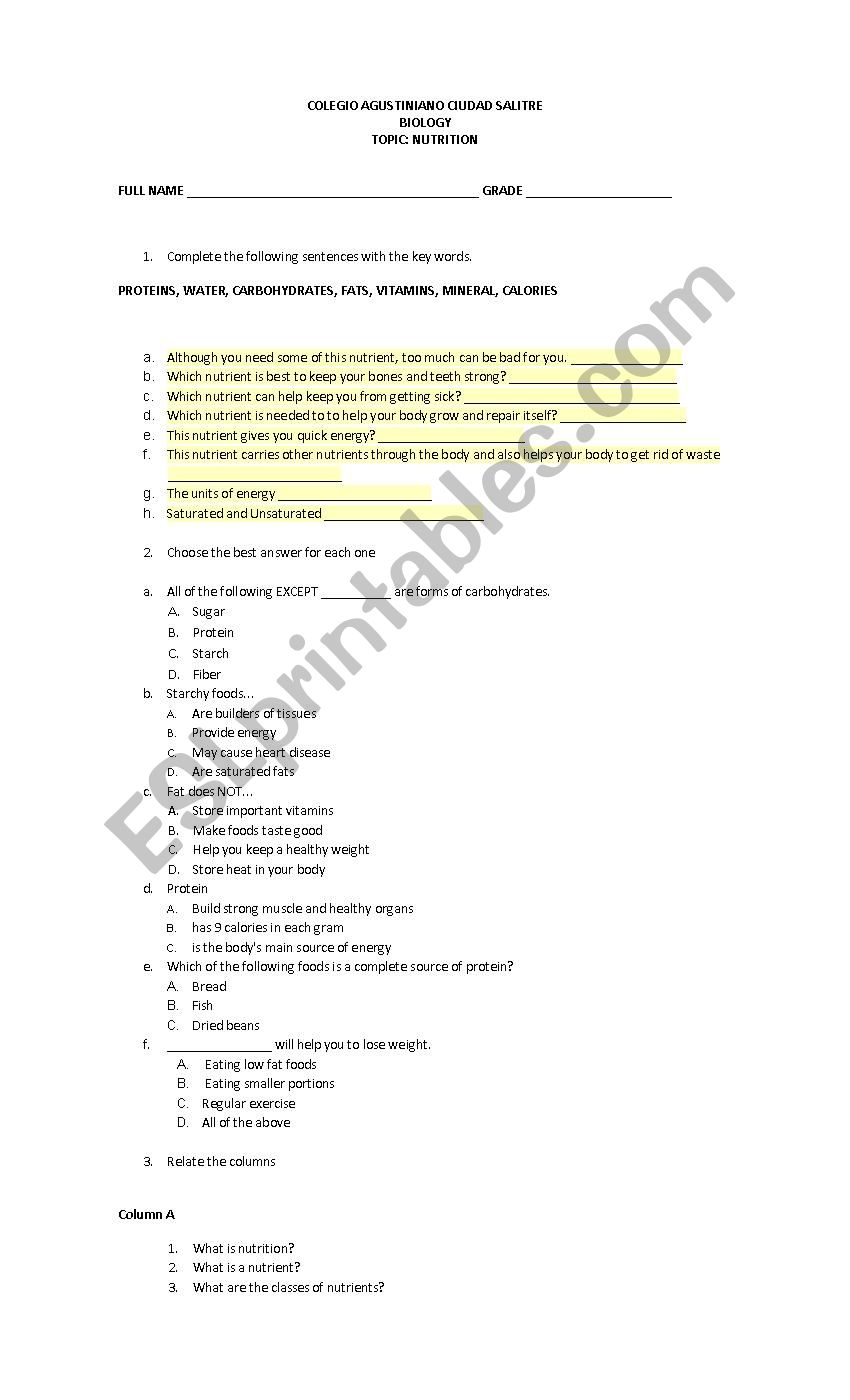 NUTRITION worksheet