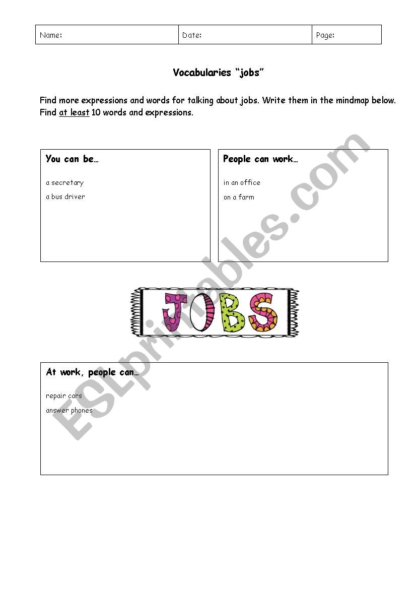 mindmap jobs worksheet