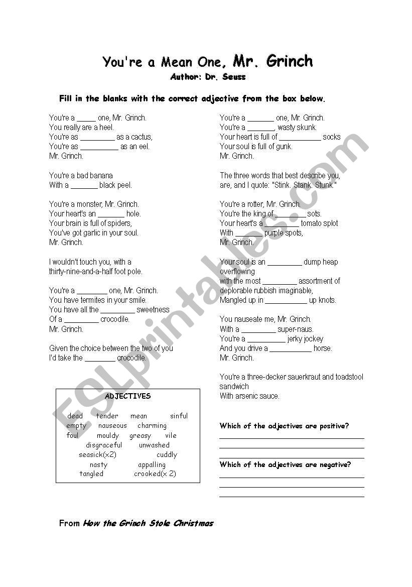Youre a Mean One, Mr. Grinch worksheet