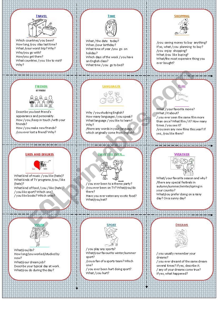 12 Question cards worksheet