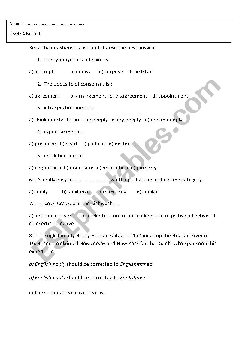 vocabulary and grammar quiz worksheet