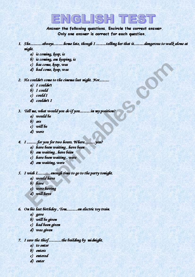 English test ( Key included) worksheet