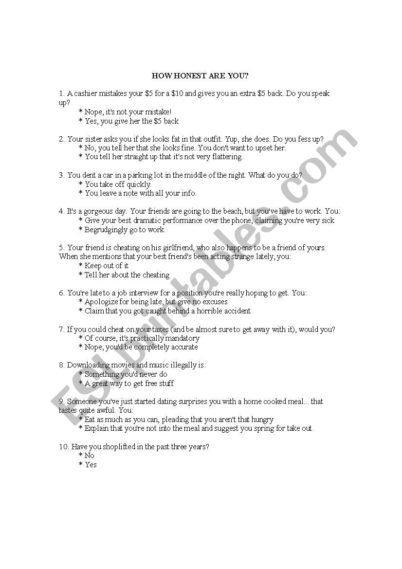 How Honest Are You? worksheet
