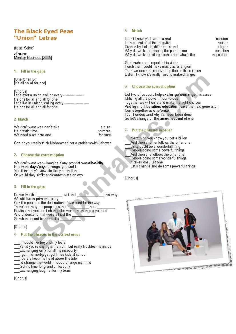 Union by Te Black Eyed Peas worksheet