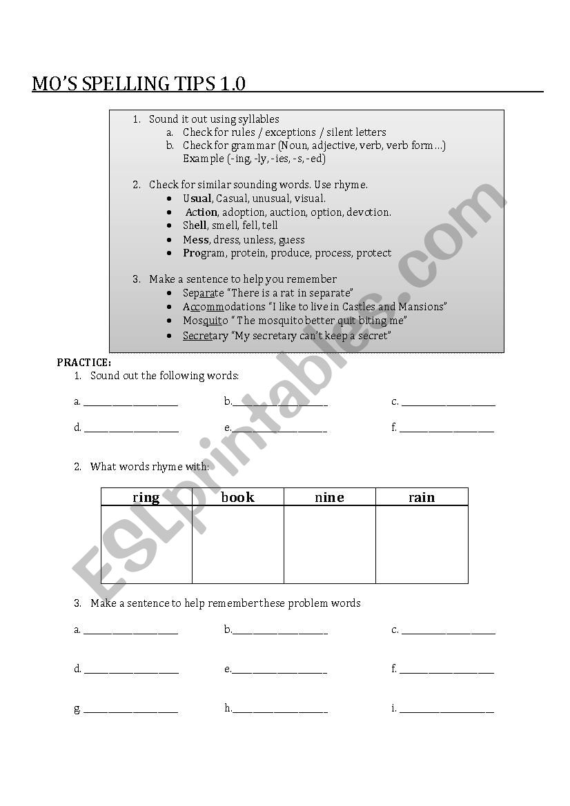 Simple Spelling Tips worksheet