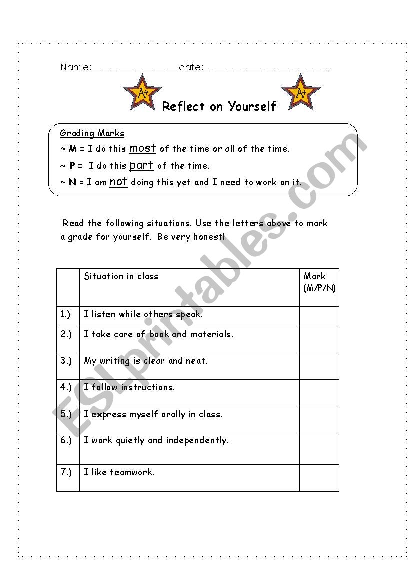 Reflect on Yourself worksheet