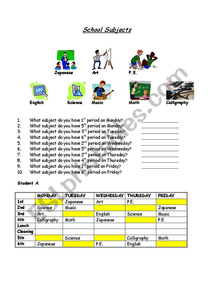 School Subjects worksheet