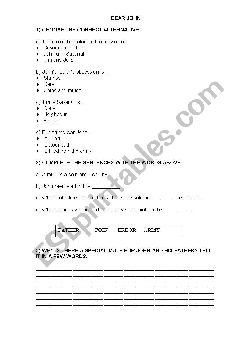 Dear John  worksheet