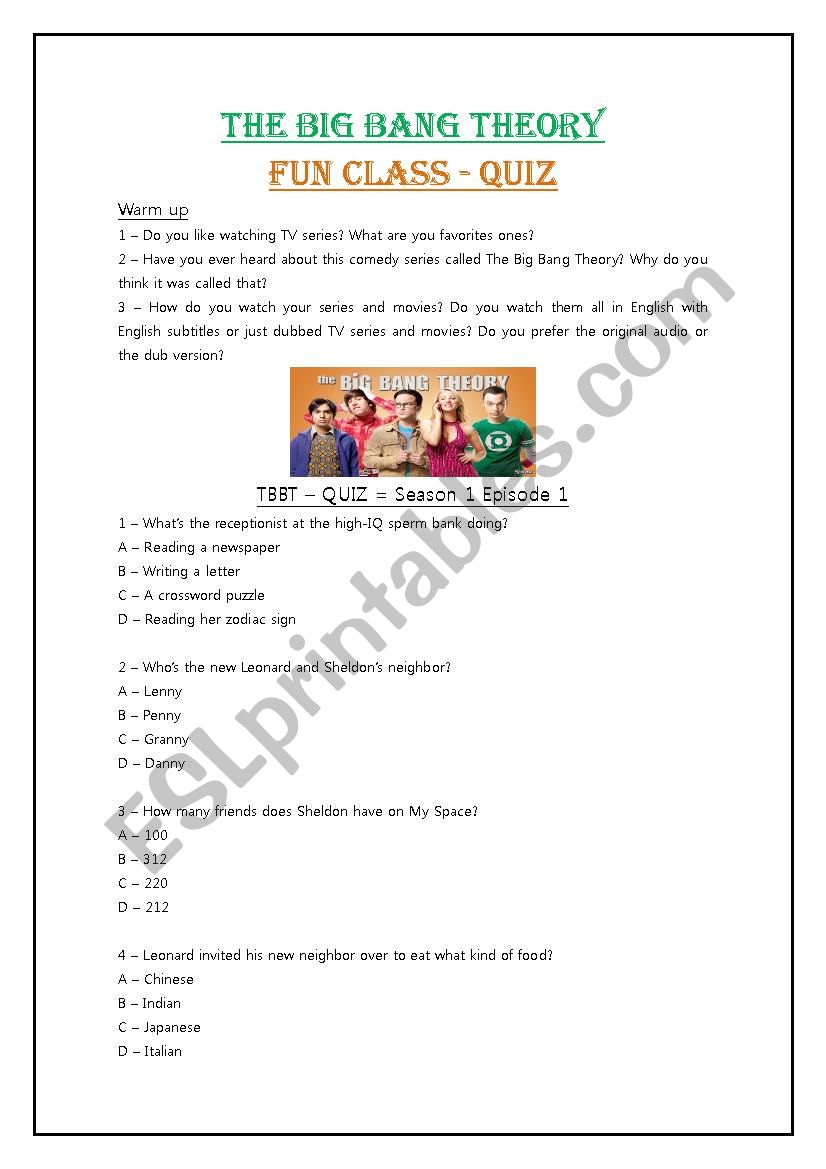 The Big Bang Theory Quiz Season 1 Ep 1 Esl Worksheet By Firefox2010
