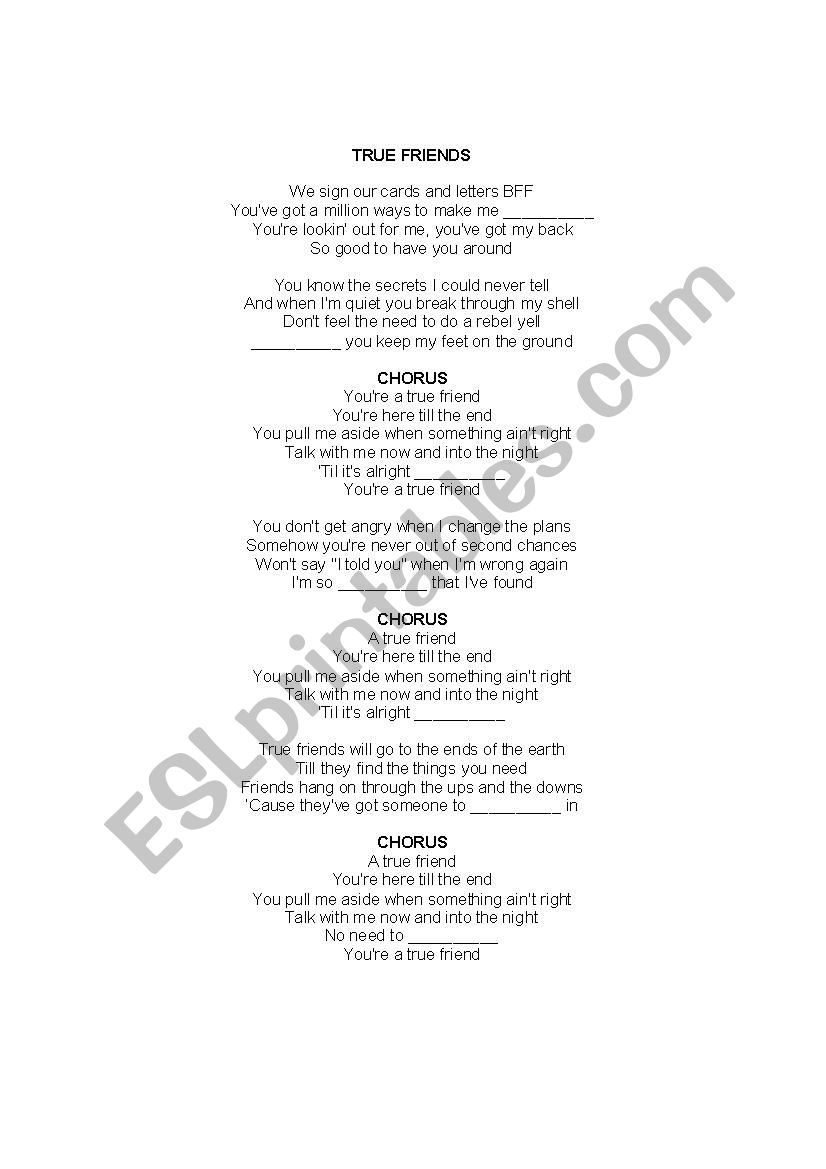 True Friend - Lyrics and Lesson Plan