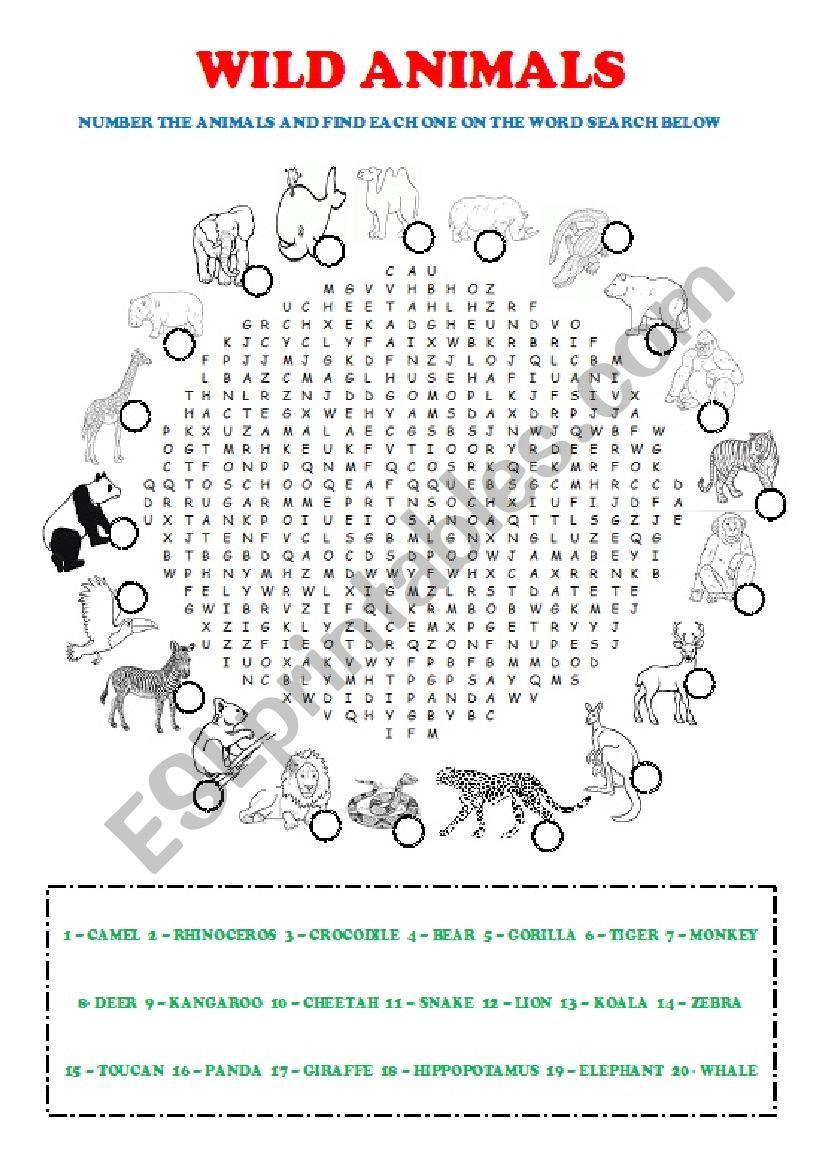 Wild Animals Word Search worksheet