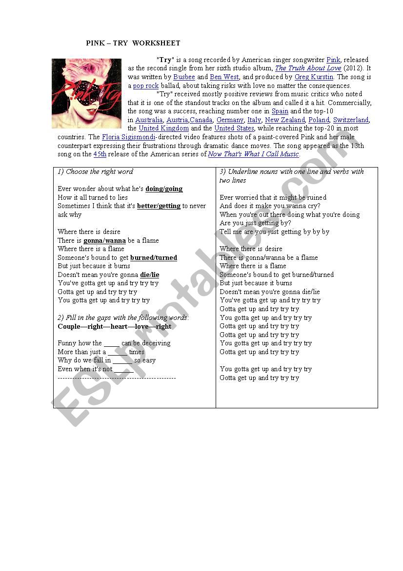 Try by Pink Song Printable Worksheet