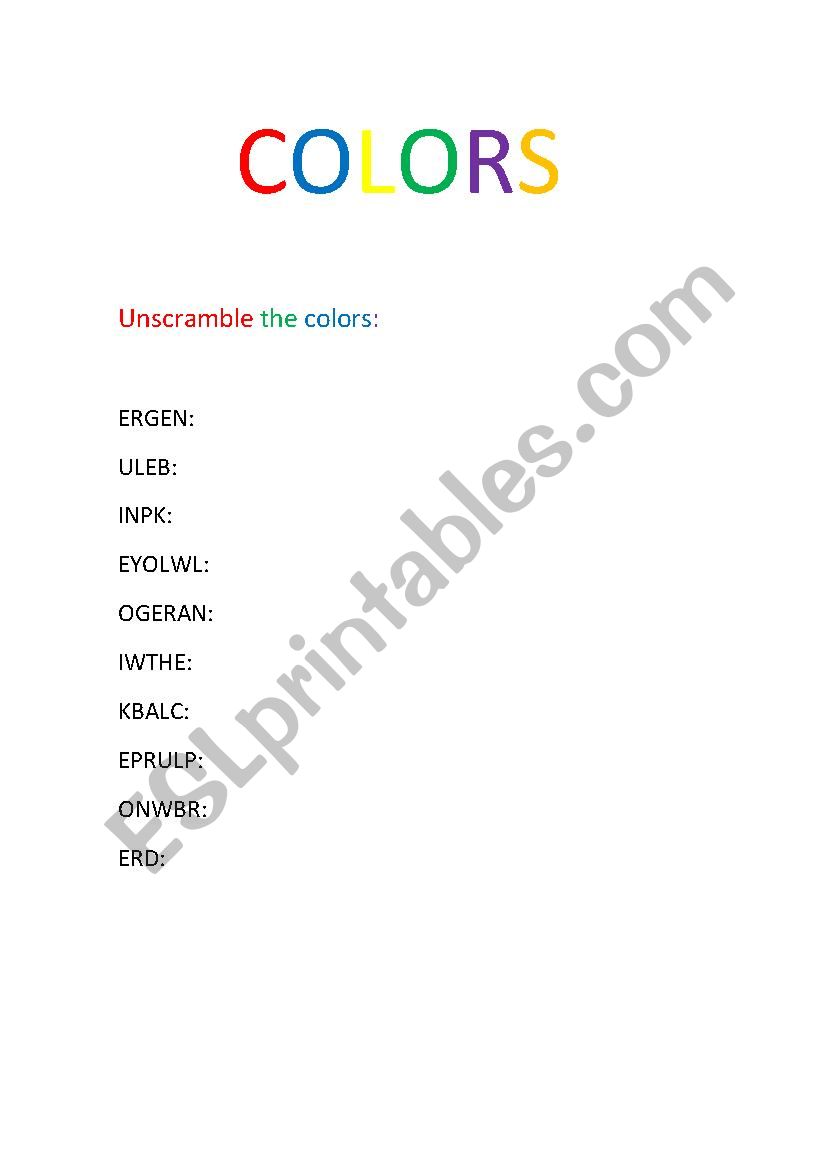 Unscramble the Colors worksheet