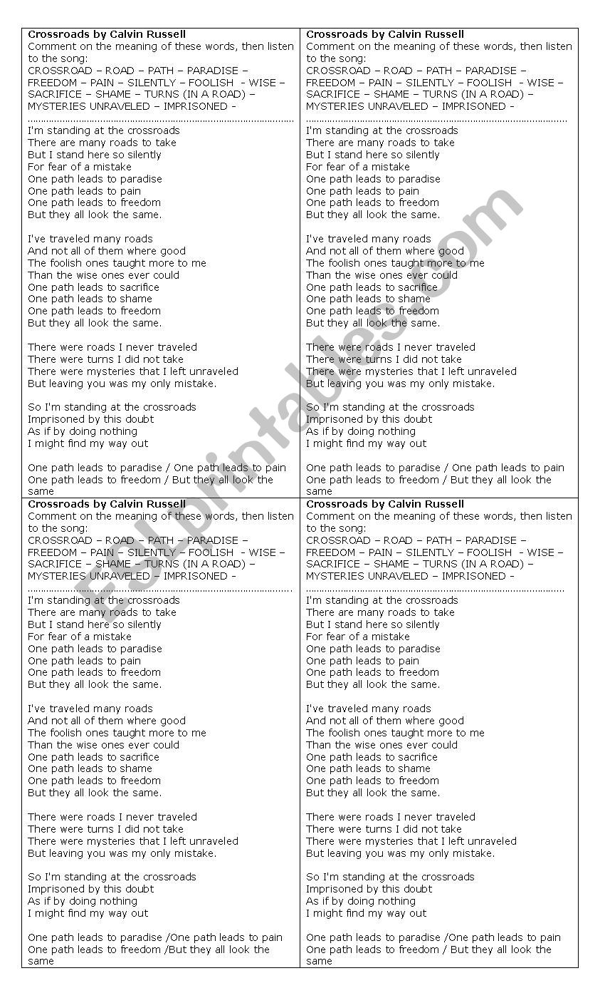 crossroads worksheet