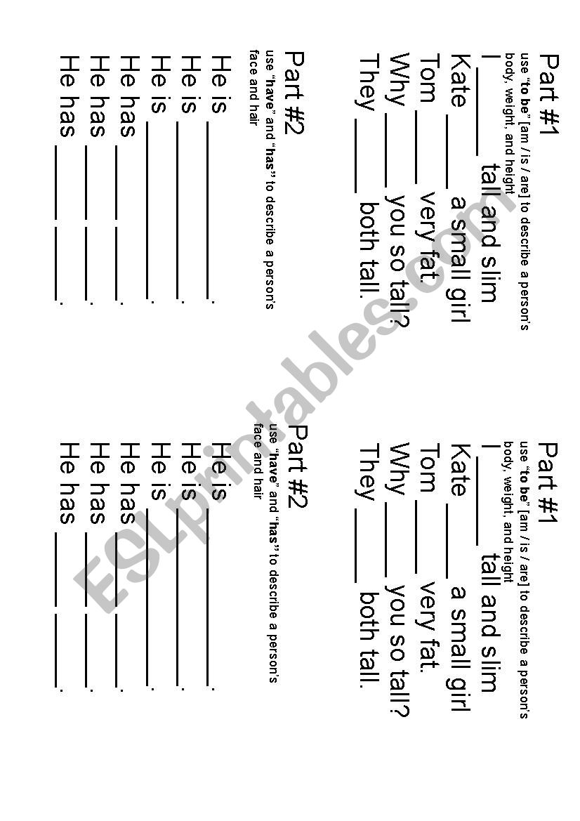 Describing the Body and Face worksheet
