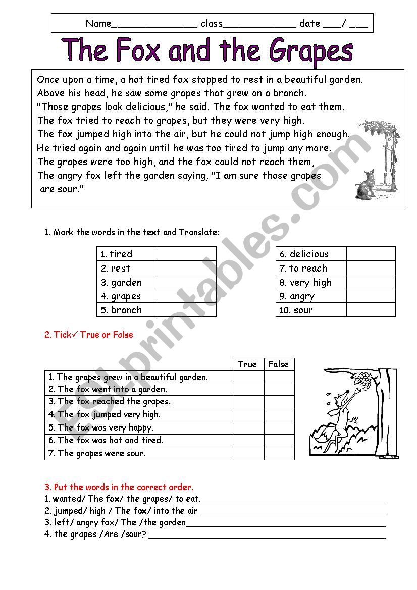 The fox and the grapes worksheet
