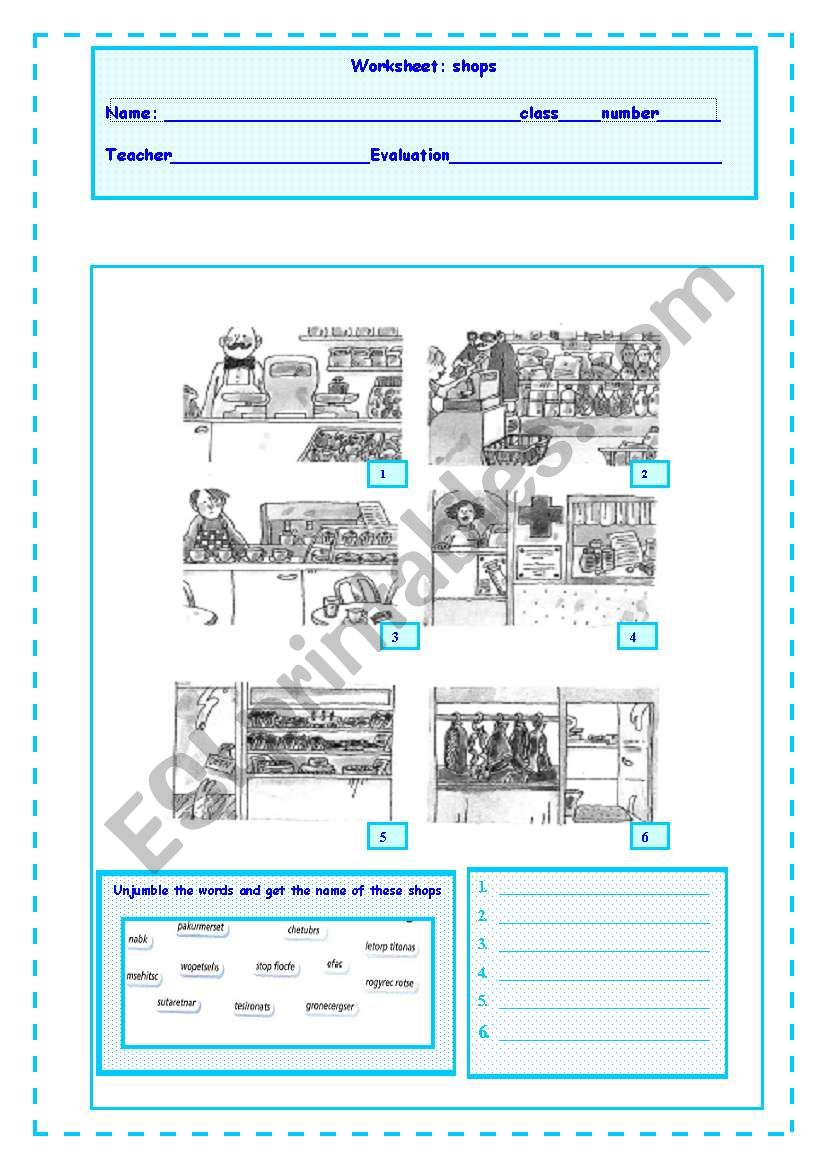 shops worksheet