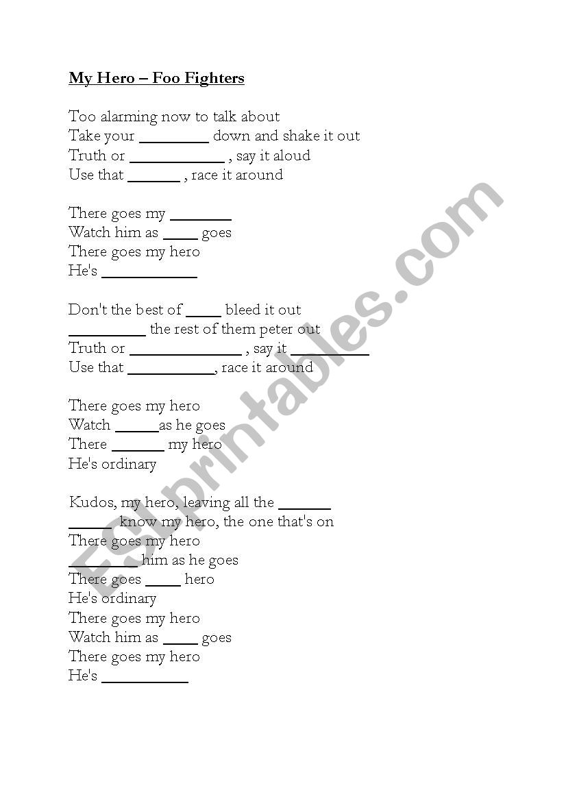 Song Worksheet - Foo Fighters, My Hero