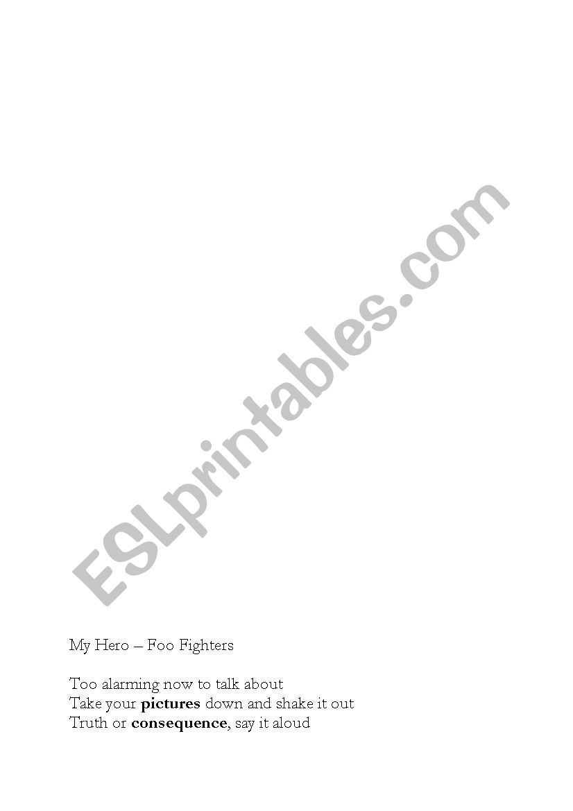 Song Worksheet - Foo Fighters, My Hero - ESL worksheet by LauraEBell