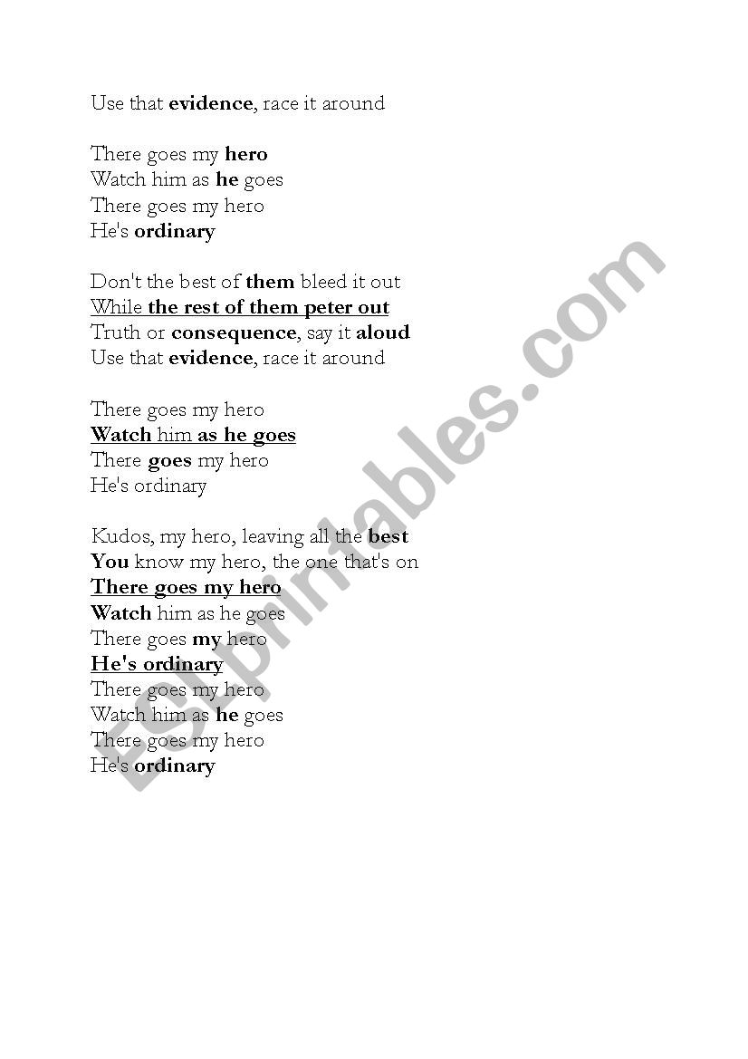 Song Worksheet - Foo Fighters, My Hero - ESL worksheet by LauraEBell