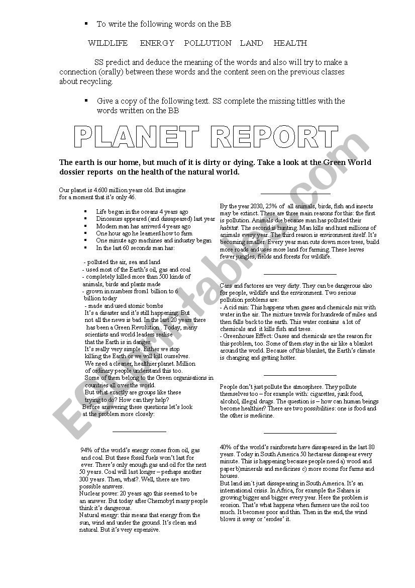 Recycling Project worksheet