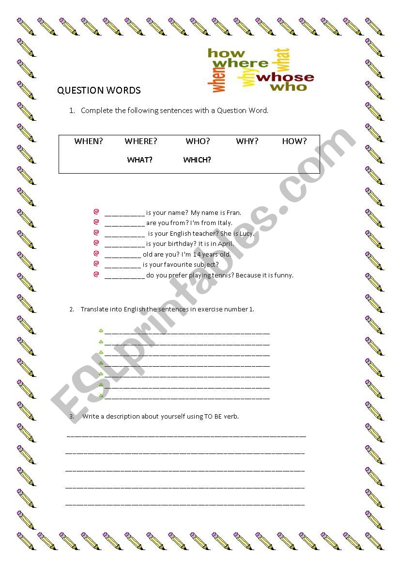 question words and to be verb worksheet