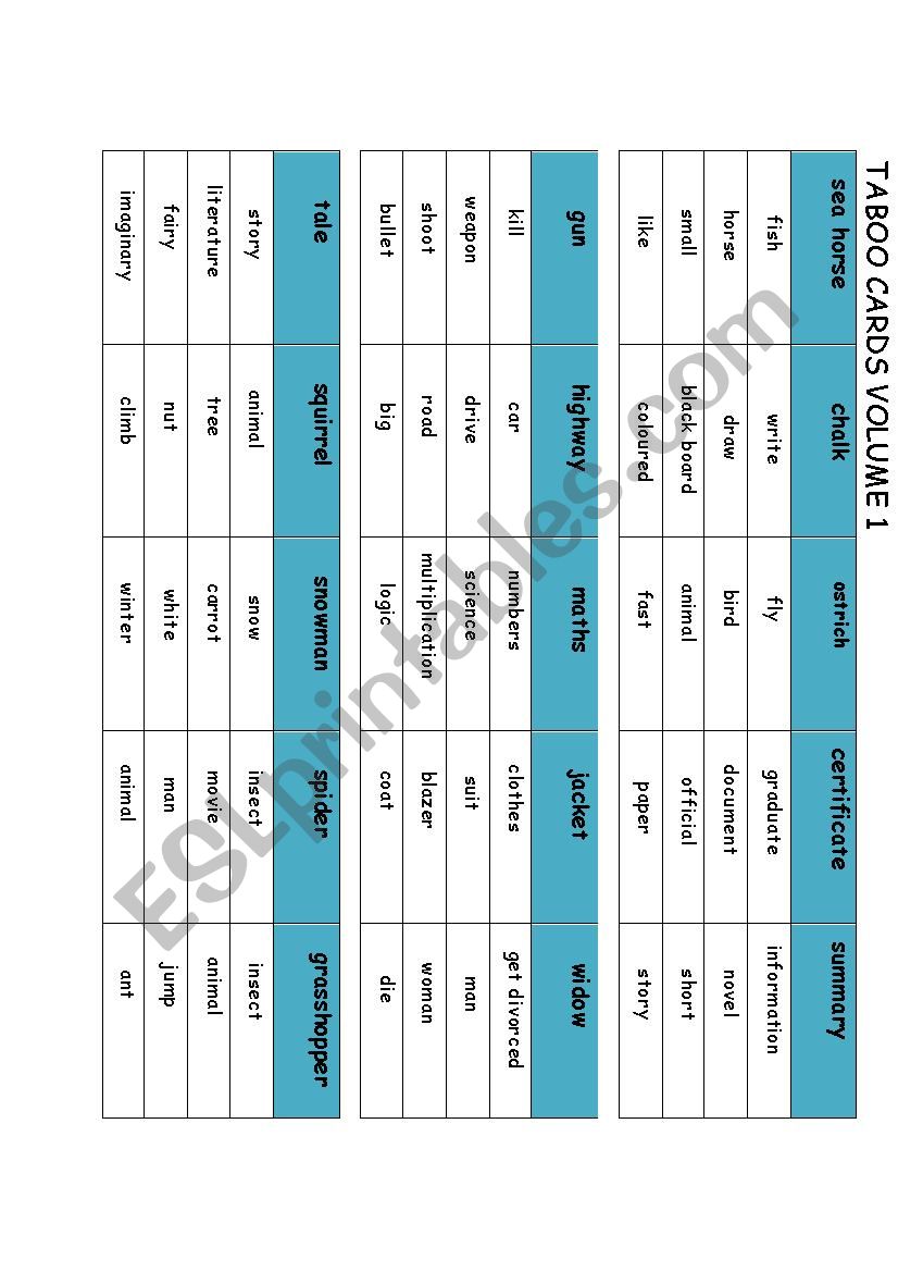 Taboo Cards Volume 1 worksheet