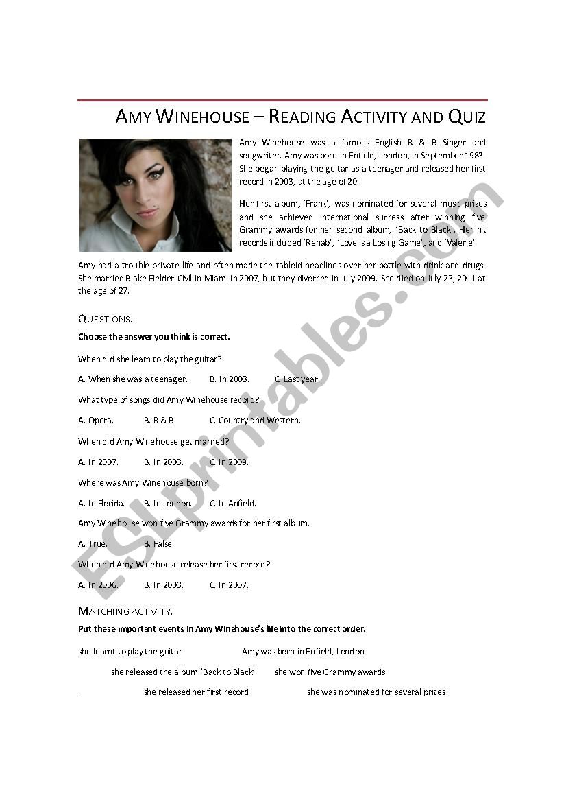 Amy Winehouse worksheet