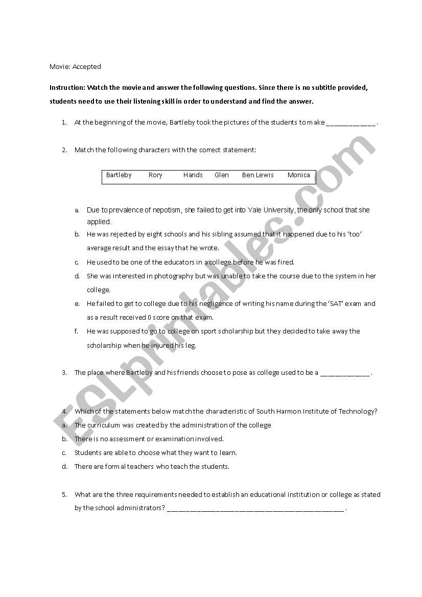 Movie Printable- Accepted worksheet