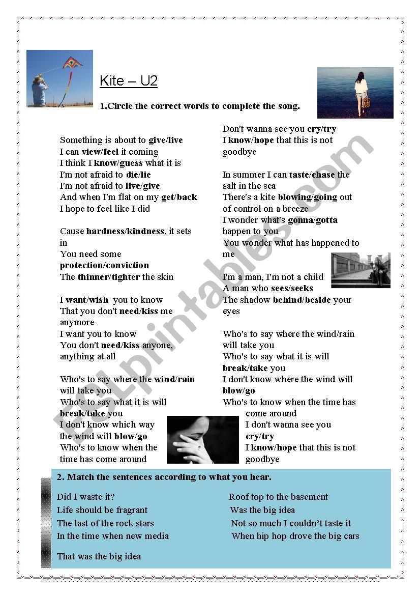 Kite by U2 - song activity worksheet